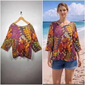 Chico's Feather Floral Paisley Sheer Blouse Banded Waist Women's Size XL (3)